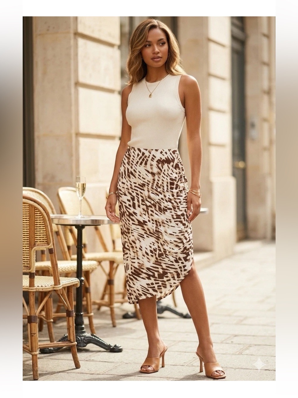 Neutral Animal-Print Midi Skirt - Cream & Brown